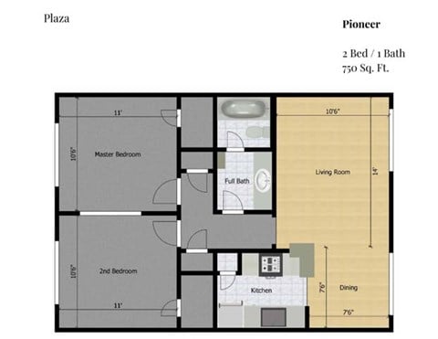 Floor plan for 2 beds, 1 bath, 750 sqft
